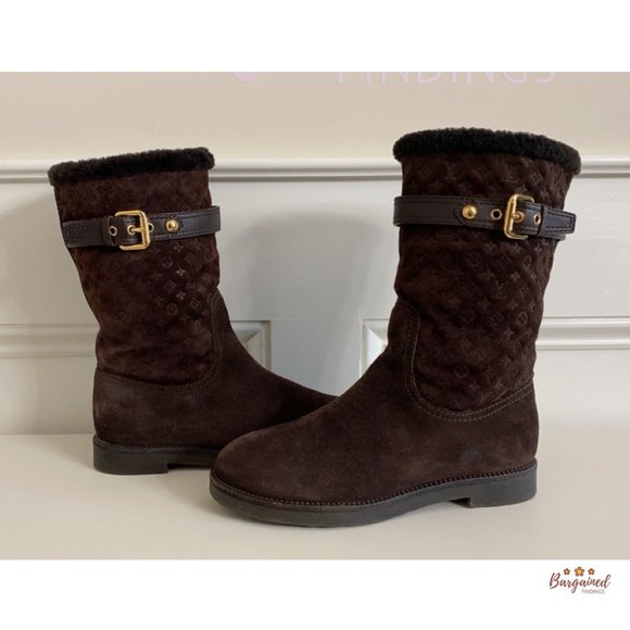 Authentic LOUIS VUITTON Dark Brown Suede Shearling Monogram Boots Size 36/6 - Picture 3 of 15